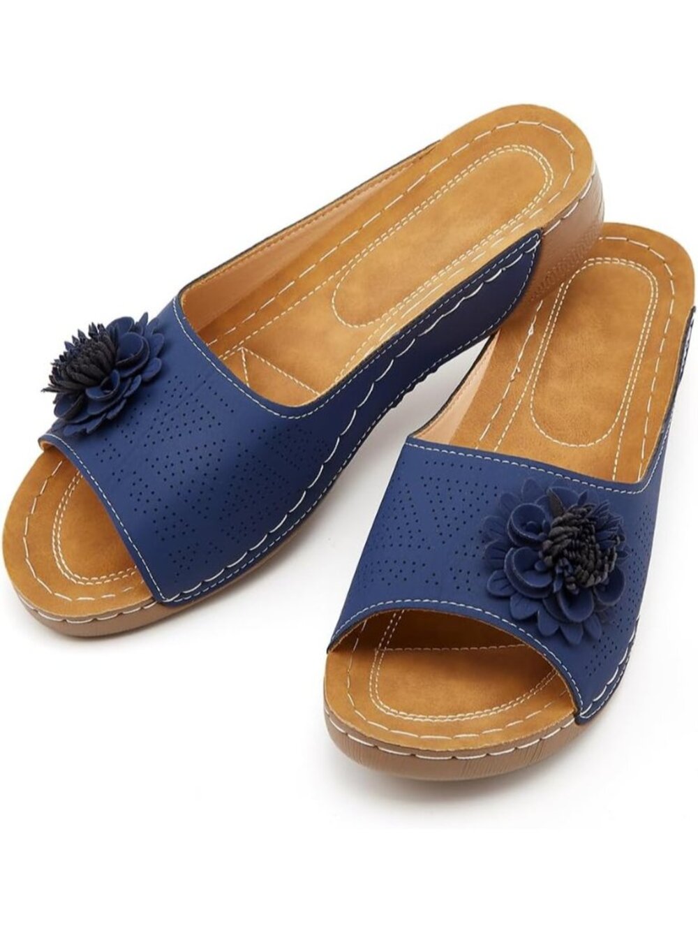 Women's Blue Faux Leather Summer Wedge Low Open Toe Slides Dressy Flower Sandals